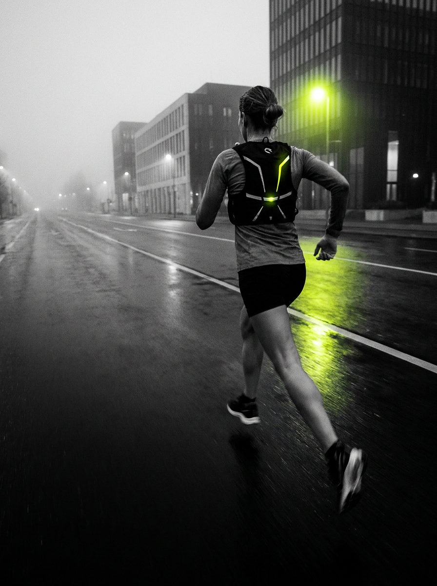 Läuferin bei Nacht im Nebel mit Joylys Sports Laufweste, reflektierende Details leuchten